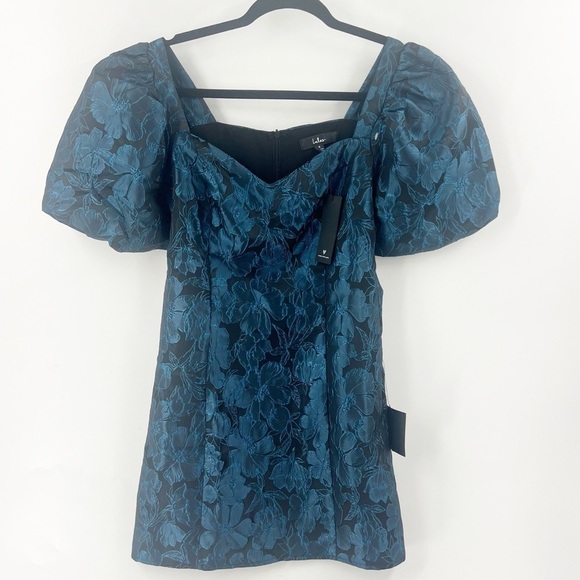 ✅NWT Lulus Beyond Amazing Dark Teal Floral Jacquard Puff Sleeve Dress Size Small - Picture 2 of 10
